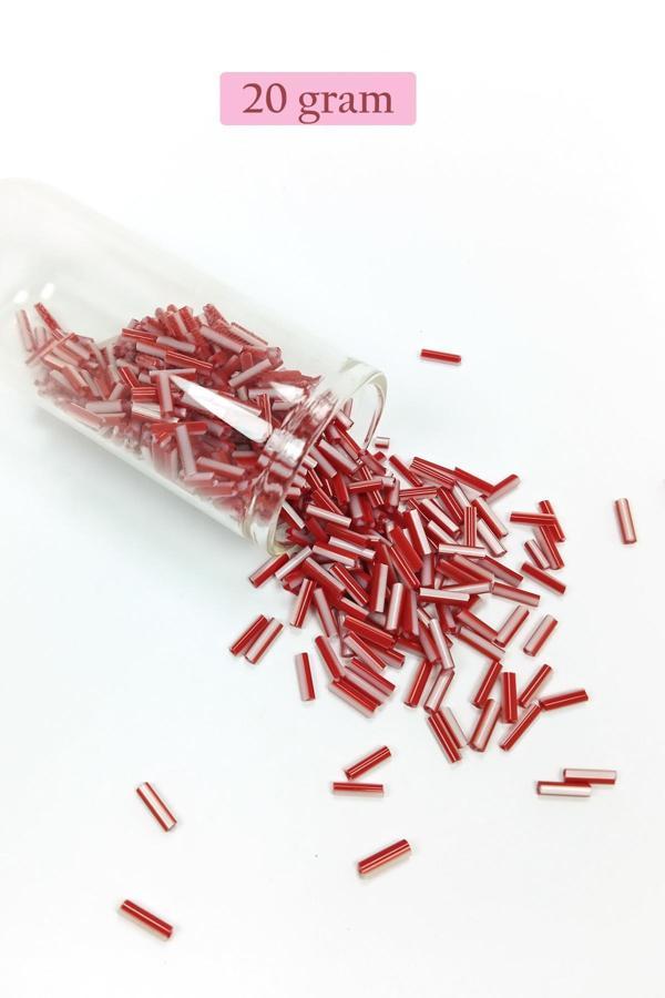 Uzun Boru Kesme Boncuk Çap 2mm Uzunluk 10 mm - 20 Gram - Kırmızı Beyaz - BNC239 - Image 1