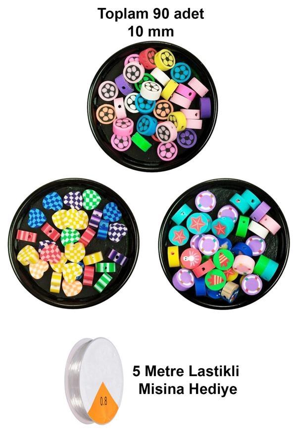 90 Adet 10 mm Polimer Kil Fimo Boncuk Takı Bileklik + 5 Metre Misina Hediye - Kalp - Deniz - Çiçek - Image 1