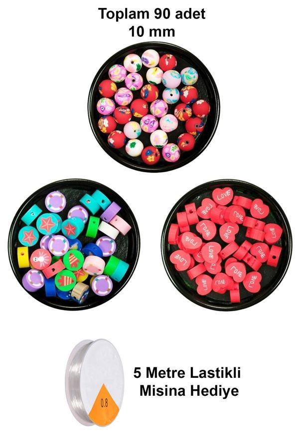90 Adet 10 mm Polimer Kil Fimo Boncuk Takı Bileklik + 5 Metre Misina Hediye - Deniz - Kalp - Yuvarlak - Image 1