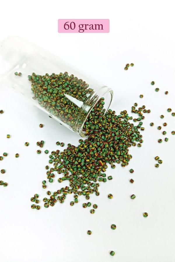 Dökme Cam Kum Boncuk (11/0) 2 mm - 60 Gram - Yeşil Sarı Çizgili - BNC041 - Image 1