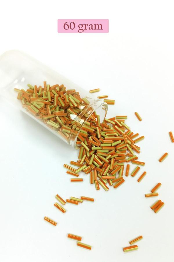 Uzun Boru Kesme Boncuk Çap 2mm Uzunluk 10 mm - 60 Gram - Yeşil Turuncu - BNC300 - Image 1