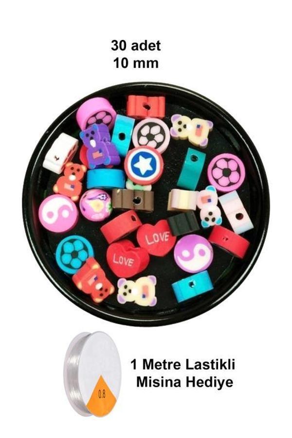 30 Adet 10 mm Polimer Kil Fimo Boncuk Takı Bileklik + 5 Metre Lastikli Misina Hediye - Karışık Renkli - Image 1