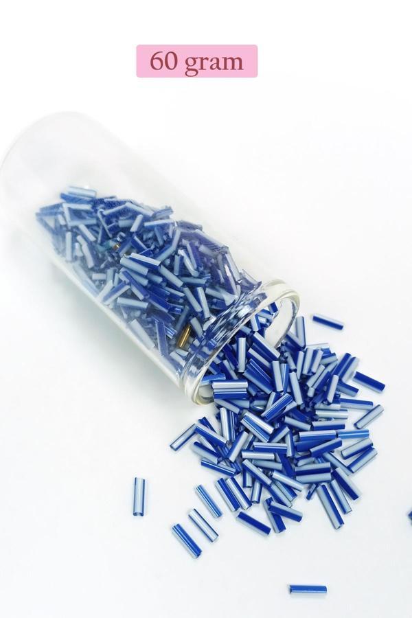 Uzun Boru Kesme Boncuk Çap 2mm Uzunluk 10 mm - 60 Gram - Mavi Beyaz - BNC275 - Image 1