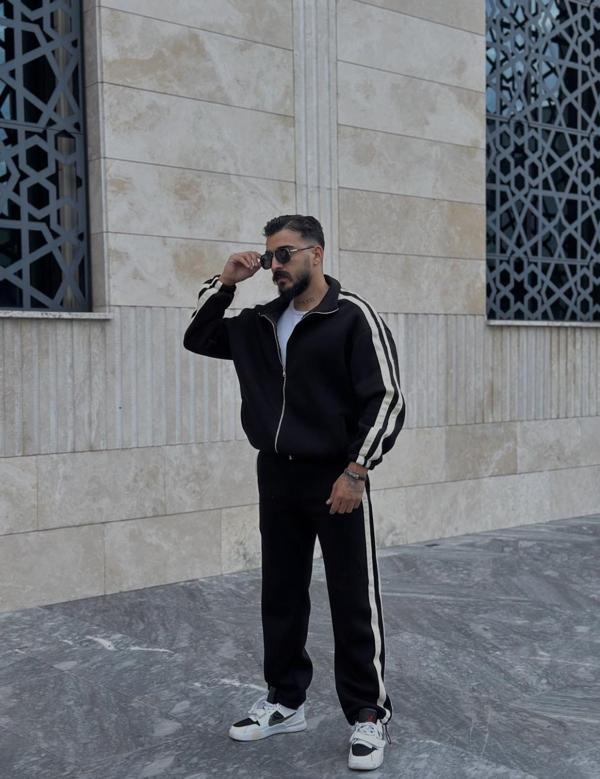 Pierce Şerit Detaylı Baggy Kalıp Erkek Relax Fit Pamuklu Basıc Takım Eşofman - Image 1