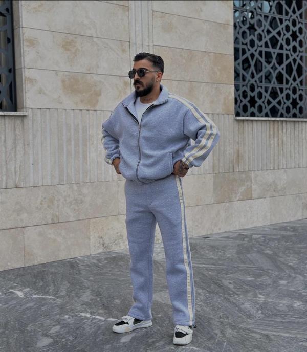 Pierce Şerit Detaylı Baggy Kalıp Erkek Relax Fit Pamuklu Basıc Takım Eşofman - Image 1