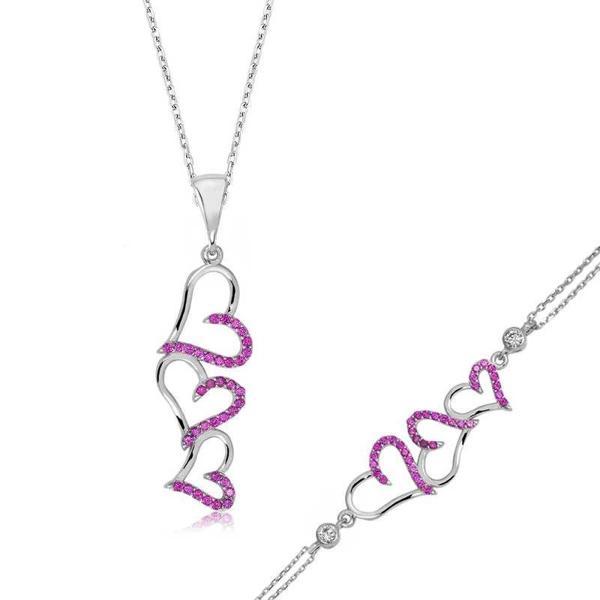 Supertrend Gümüş Pembe Üç Kalpli Bayan Set - Image 1