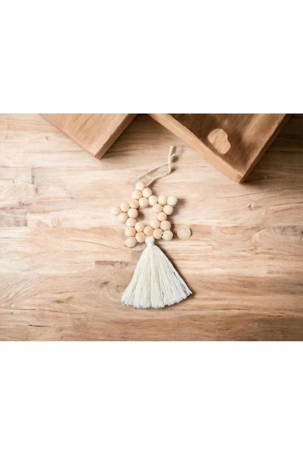 Le Majeur Dekoratif Püsküllü Cilasız Ahşap Boncuklu Yıldız Duvar Süsü Kapı Süsü - Image 1