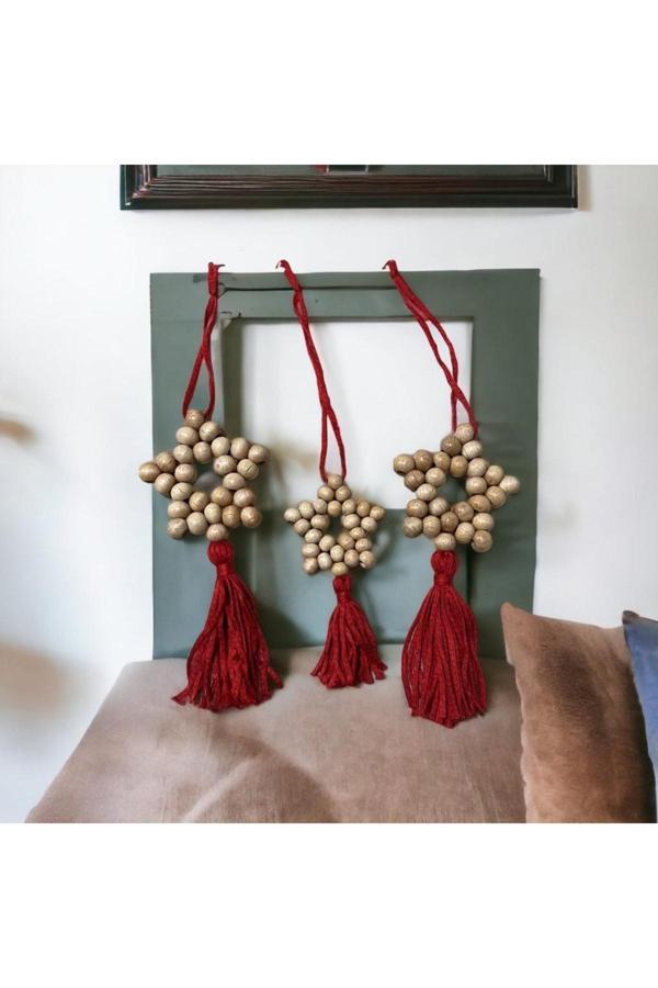 Le Majeur Dekoratif Püsküllü Ahşap Boncuklu 3 Lü Set Yıldız Duvar Süsü Kapı Süsü - Image 1