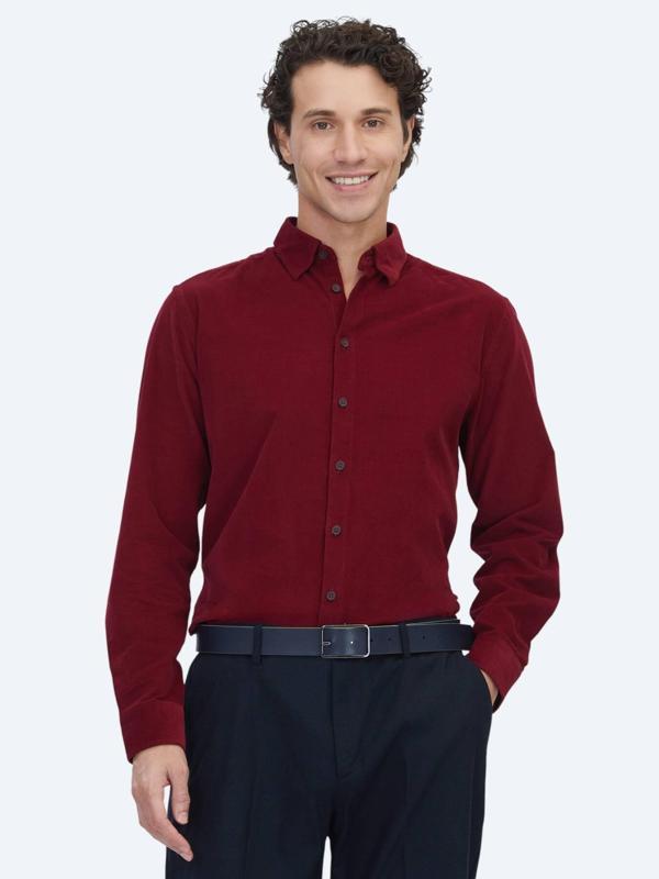 Kırmızı Çizgili Regular Fit Dokuma Kadife Casual %100 Pamuk Gömlek - Image 1
