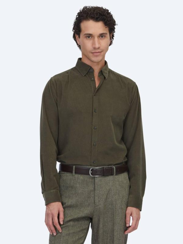 Haki Çizgili Regular Fit Dokuma Kadife Casual %100 Pamuk Gömlek - Image 1