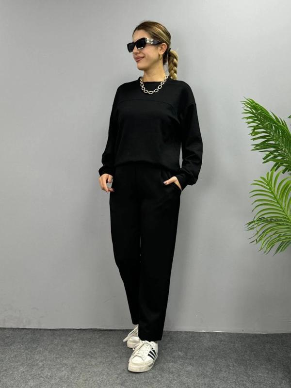 MDB Kadın Uzun Kollu Bisiklet Yaka Viskon Iki Iplik Bluz Ve Pantolon Ikili Takım - Image 1