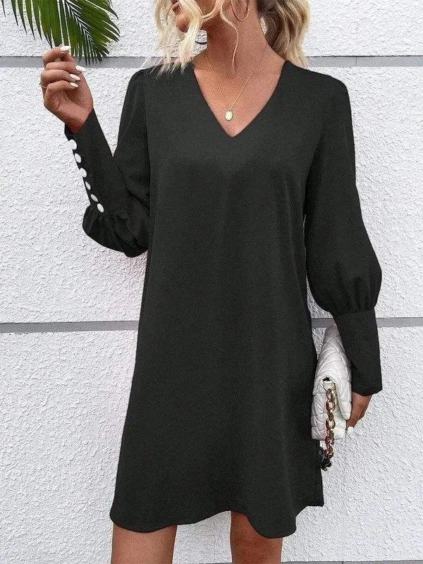 MDB Kadın Uzun Kollu V Yakalı Kısa Ithal Krep Elbise - Image 1