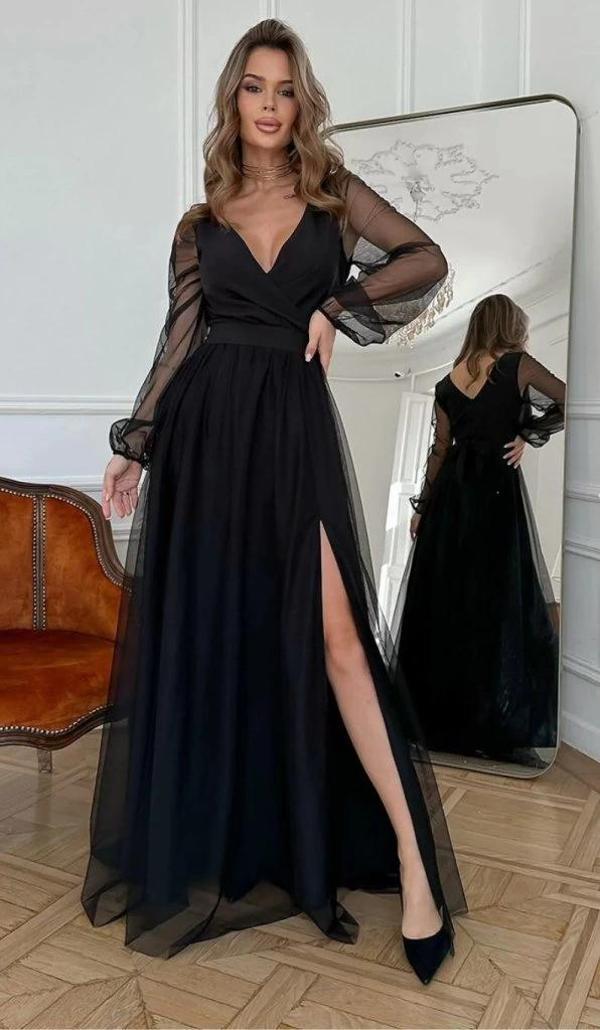 MDB Kadın Uzun Kollu Kruvaze Yakalı Belden Kuşaklı Tüllü Uzun Ithal Krep Elbise - Image 1