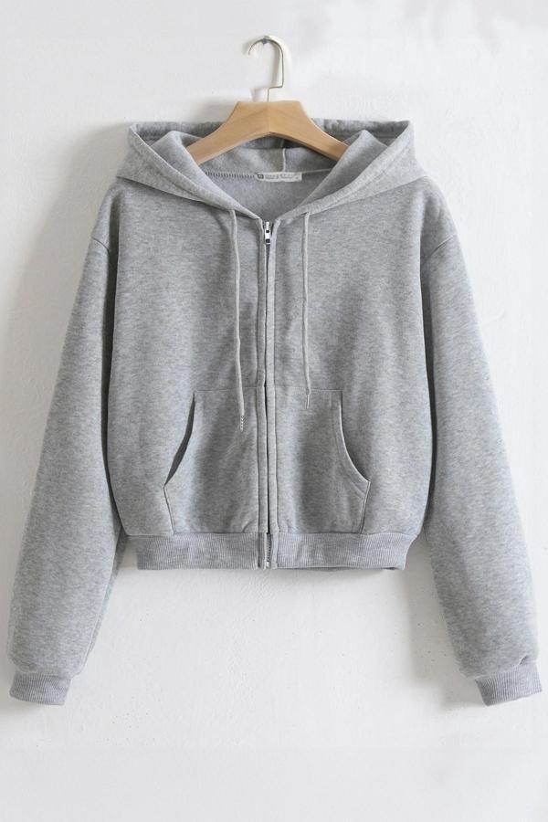 Ghassy Co. Kadın Pamuklu Crop Model Kanguru Cepli Sonbahar ve İlkbahar Kapüşonlu Crop Sweatshirt - Image 1