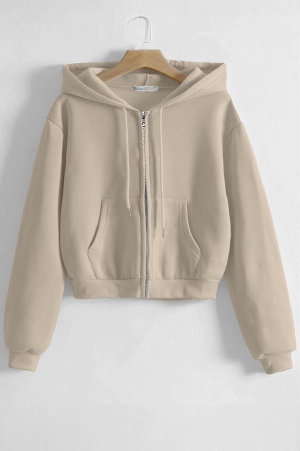 Ghassy Co. Kadın Pamuklu Crop Model Kanguru Cepli Sonbahar ve İlkbahar Kapüşonlu Crop Sweatshirt - Image 1