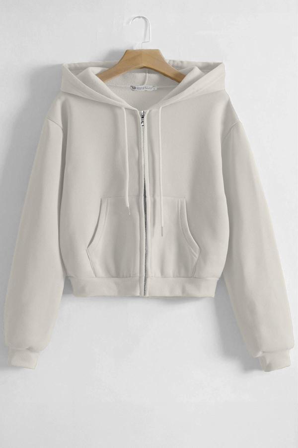 Ghassy Co. Kadın Pamuklu Crop Model Kanguru Cepli Sonbahar ve İlkbahar Kapüşonlu Crop Sweatshirt - Image 1