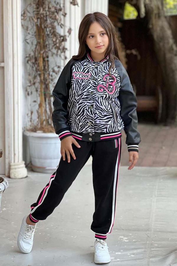 Kız Çocuk V Cool Yazı Baskılı Sweatshirt Zebra ve Pembe Şerit Detaylı Deri Eşofman Takım - Image 1