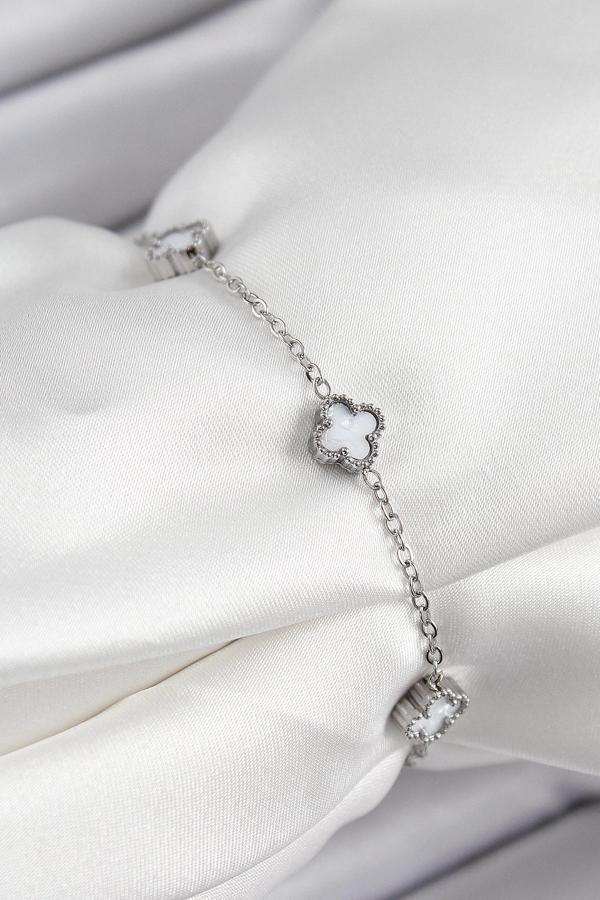 316L Çelik Beyaz Sedef Yonca Model Gümüş Renk Kadın Bileklik - Image 1