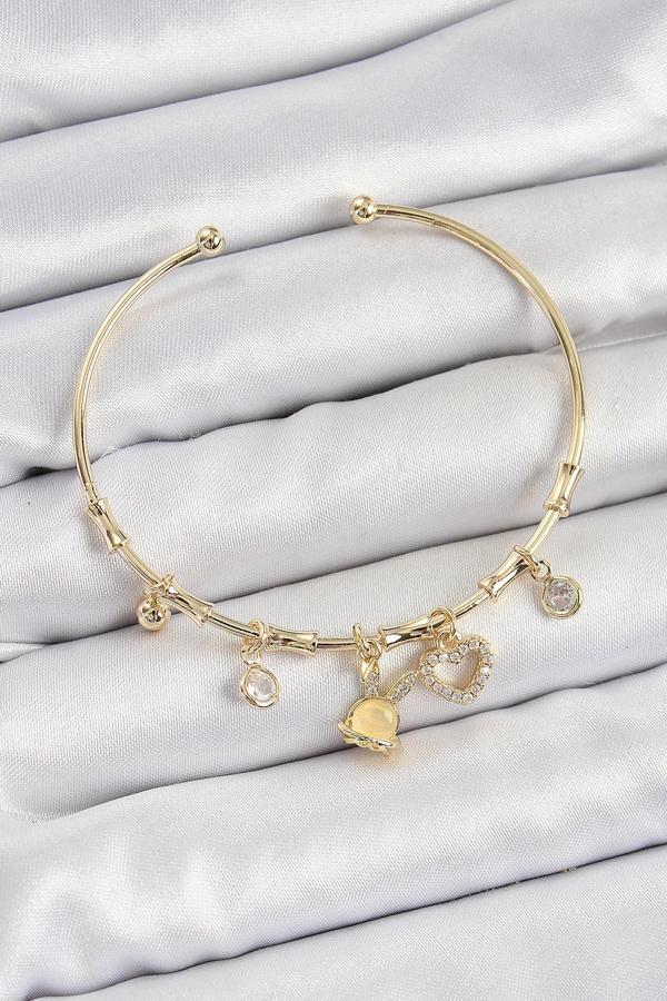Pirinç Zirkon Taşlı Tavşan Ve Kalp Model Gold Renk Charm Bileklik - Image 1