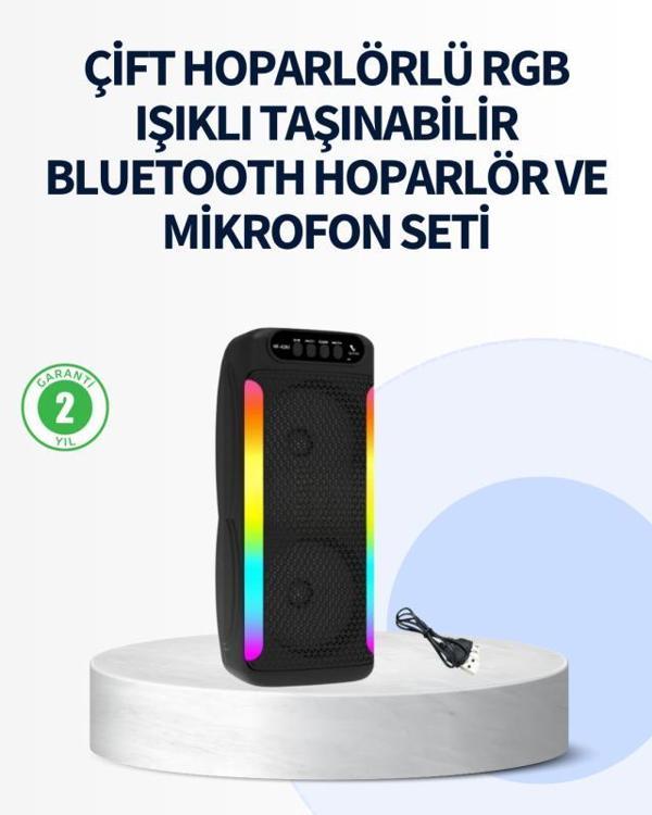 RGB Işıklı Çift Hoparlörlü Taşınabilir Bluetooth Speaker ve Mikrofon - Image 1