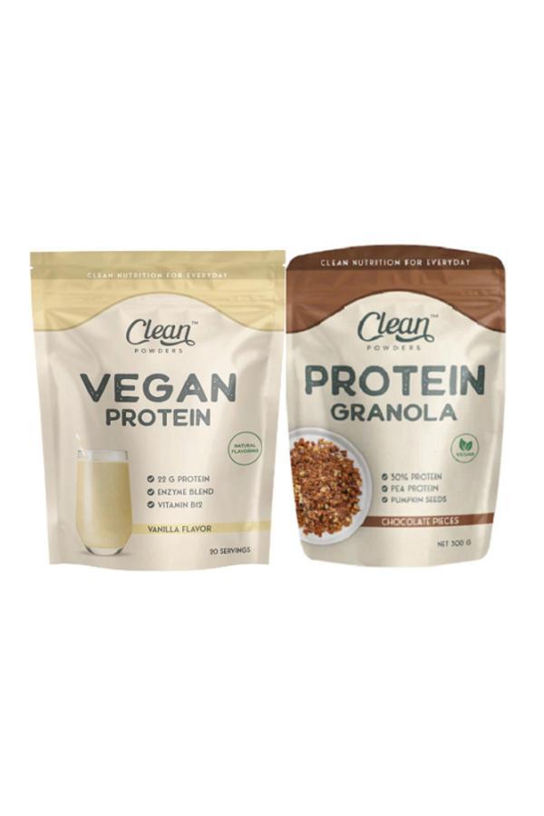 Clean Powders Vegan Protein 600 Gr - Vanilya - Protein Granola 300 Gr - Çikolata Parçacıklı 2'Li Set - Image 1