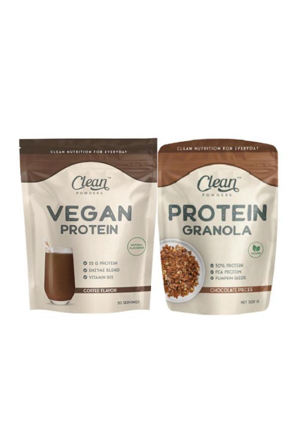 Clean Powders Vegan Protein 600 Gr - Kahve - Protein Granola 300 Gr - Çikolata Parçacıklı 2'Li Set - Image 1