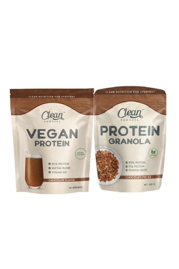 Clean Powders Vegan Protein 600 Gr Çikolata - Protein Granola 300 Gr Çikolata Parçacıklı 2'Li Set - Image 1
