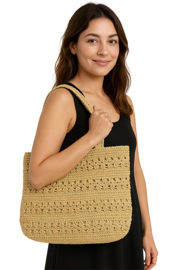 Uretti - Öznur 7392 0844 El Örgüsü Simli Kağıt İp Omuz Çantası / 38 cm x 30 cm - Image 1