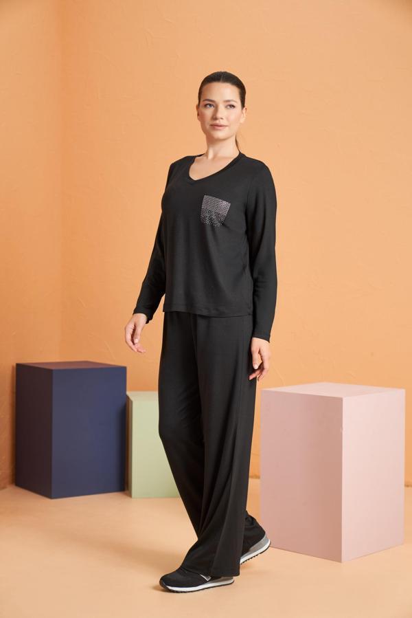 Pjs Kadın V Yaka Likralı Viskon Kumaş Uzun Kollu Eşofman Takım - Image 1