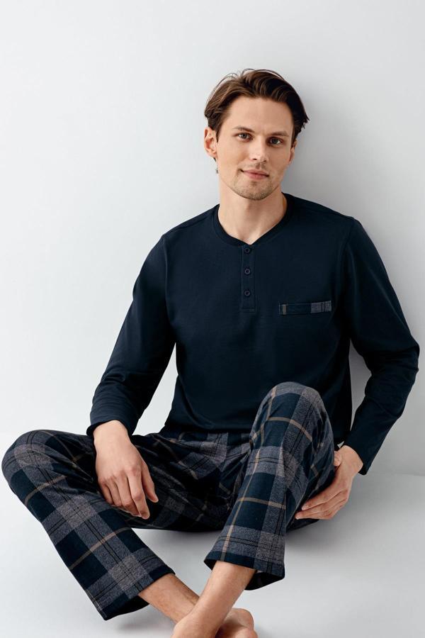 Arnetta Erkek %100 Pamuklu 4 Mevsim Cepli Uzun Kol Ekose Pijama Takım - Image 1