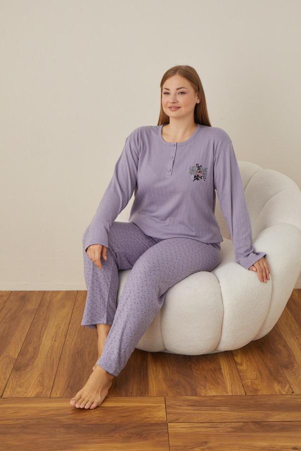 Lindros Kadın Pamuk'lu Düğme Yaka Raporlu İnterlok KIŞLIK Battal Pijama Takımı 05104 - 1 Adet  - Image 1