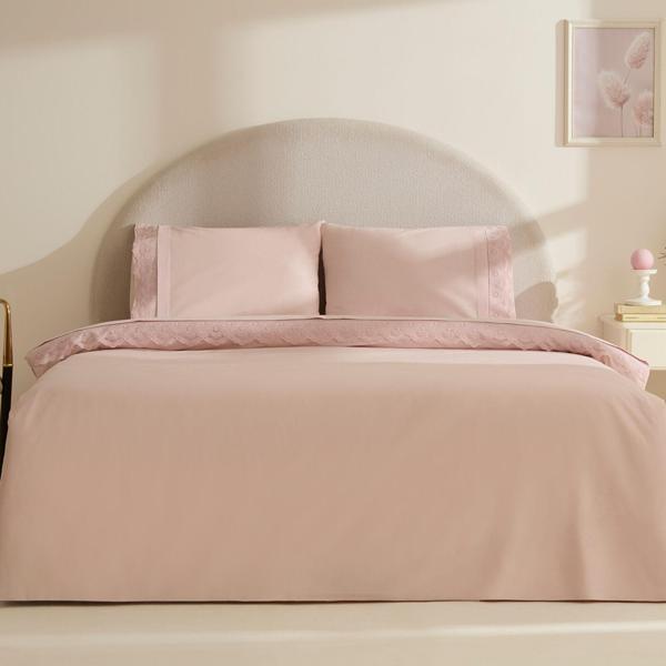 Karaca Home Teora %100 Pamuk Dantelli Çift Kişilik Nevresım Takımı Pudra - Image 1