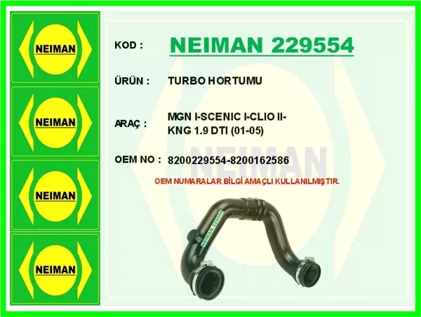TURBO HORTUMU MEGANE 1-SCENIC 1-CLIO 2-KANGOO 1.9 DTI 2001-2005 8200229554 8200162586 - Image 1