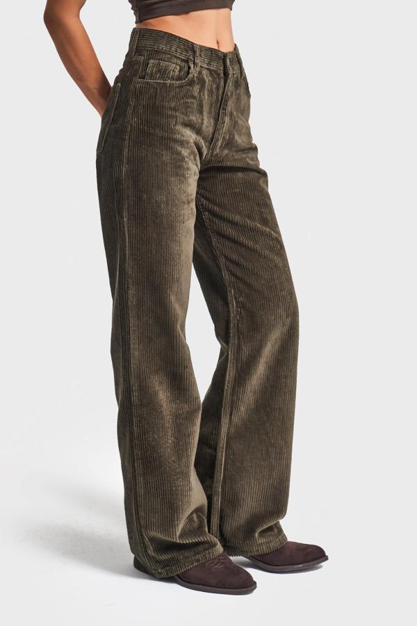 Kadın Haki Renk Doris 26w5-15 Straight Fit Yüksek Bel Kalın Fitilli Velvet Kadife Kumaş Pantolon - Image 1