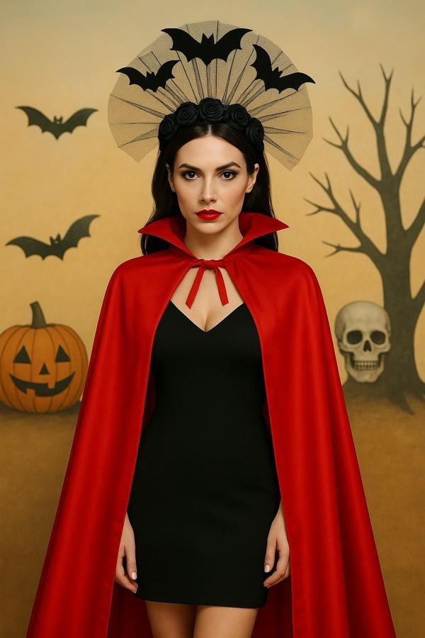 Cadılar Bayramı Kırmızı Pelerin & Yarasalı Siyah Güllü Taç Seti – Şeytani Vampir Kostüm - Image 1