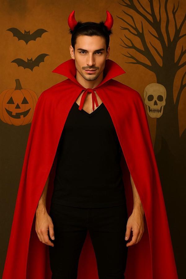 Cadılar Bayramı Kostümü Erkek | Yakalı Kırmızı Şeytan Pelerini + Küçük Boynuzlu Taç | 120 cm - Image 1