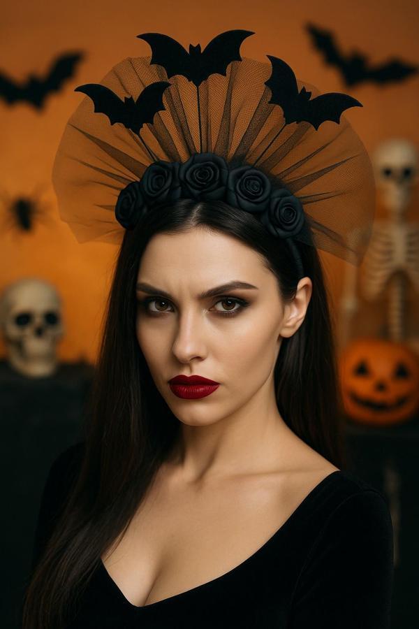 Cadılar Bayramı Siyah Gül ve Yarasa Tüllü Taç – Gotik Kostüm Aksesuarı - Image 1
