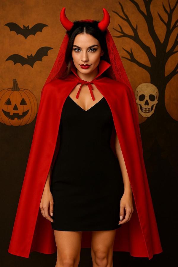 Kadın Şeytan Kostüm Seti (Kırmızı Yakalı Pelerin + Dantelli Boynuzlu Taç) – Cadılar Bayramı Kostümü - Image 1