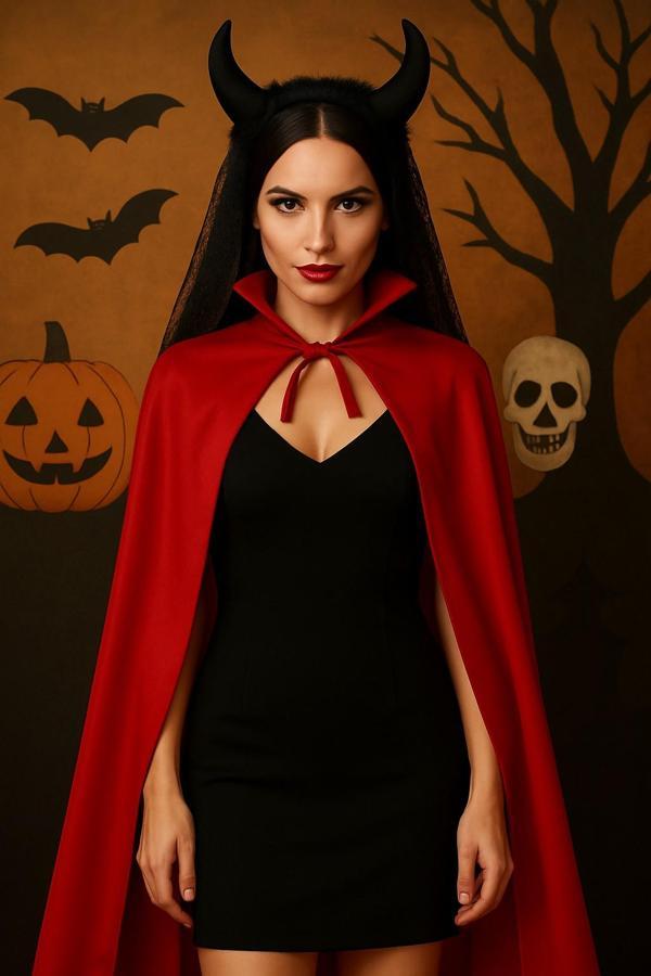 Şeytan Kostüm Seti (Kırmızı Yakalı Pelerin + Dantelli Siyah Boynuzlu Taç) – Cadılar Bayramı Kostümü - Image 1