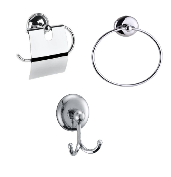 MK Yapışkanlı Krom Üçlü Banyo Aksesuar Seti - Yuvarlak Havluluk - Banyo Askısı - Kapaklı Tuvalet Kağıtlık - Image 1