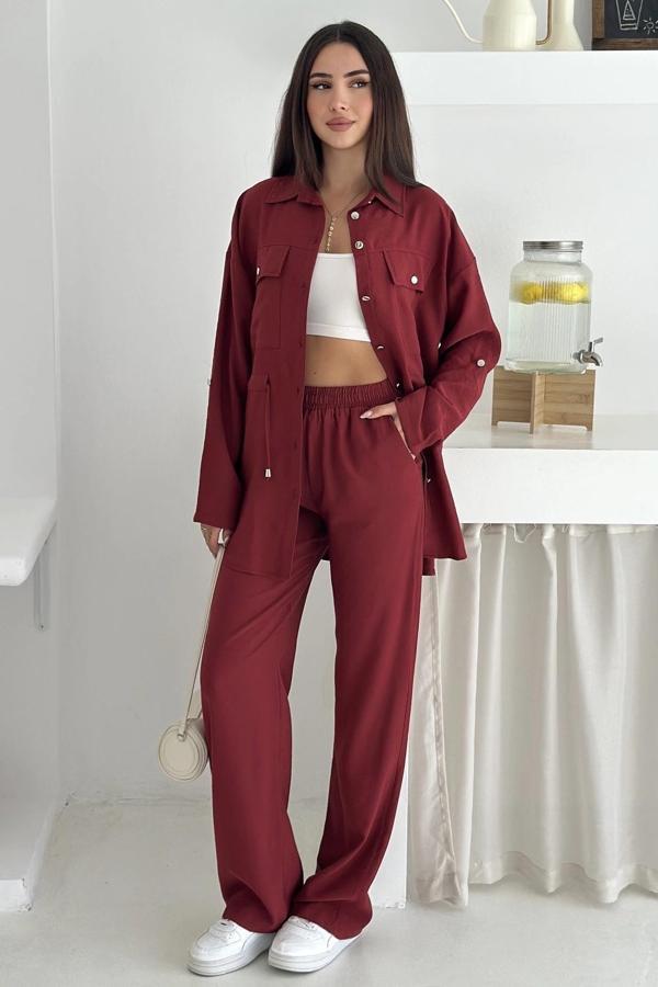 Bel Detaylı Düğmeli Yumuşak Dokulu Takım - Image 1