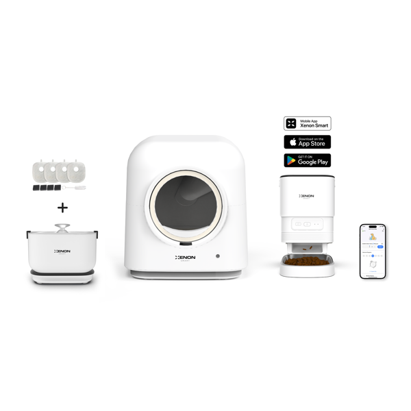 Xenon Smart Akıllı Otomatik Kedi Tuvaleti 4LT Çelik Hazneli Mama Kabı Bataryalı Su Pınarı ve Yedek Filtre Pet Seti - Image 1