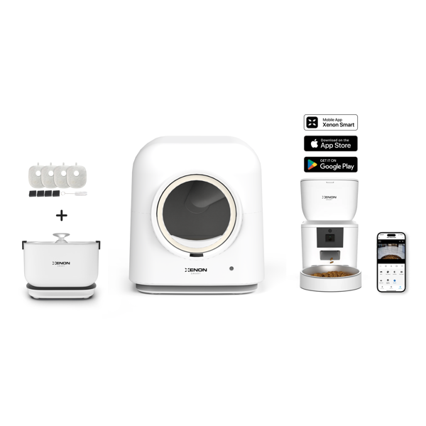 Xenon Smart Akıllı Otomatik Kedi Tuvaleti 4LT Çelik Hazneli Kameralı Mama Kabı Bataryalı Su Pınarı ve Yedek Filtre Pet Seti - Image 1