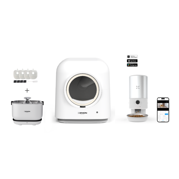 Xenon Smart Akıllı Otomatik Kedi Tuvaleti 4LT Çelik Hazneli Kameralı Mama Kabı Akıllı Bataryalı Su Pınarı ve Yedek Filtre Pet Seti - Image 1