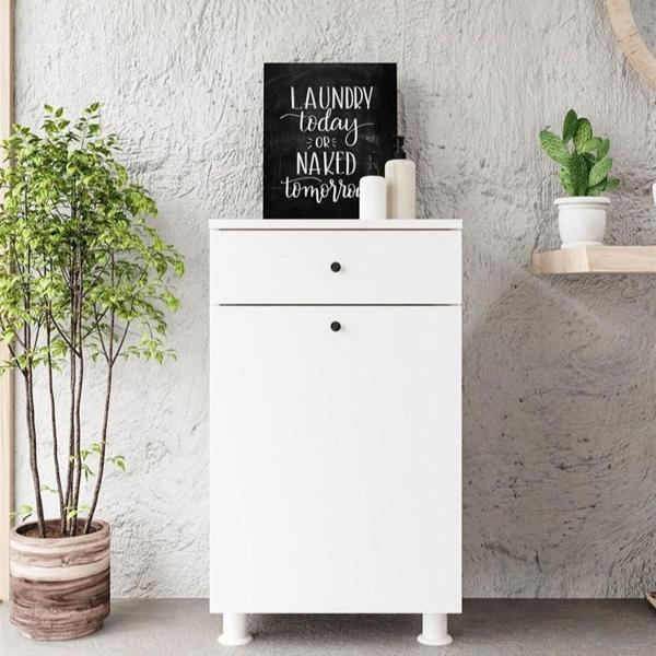 Chancolye Beyaz Çamaşır Sepeti Çekmeceli Banyo Dolabı - Image 1