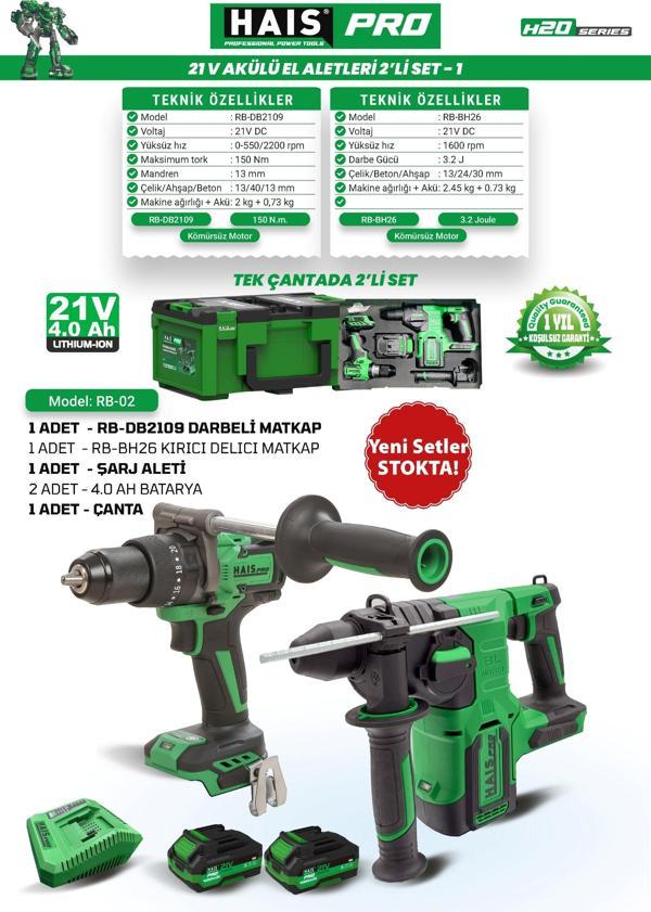 HaisPro Akülü Set - 2'li Profesyonel 21V Akülü Set + 2X4 Ah Çift Akü - RB-02 - Image 1