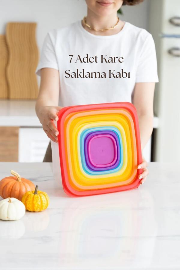 Kare 7 Parça Hava Almaz Sızdırmaz Saklama Kabı Seti Renkli Kapak (200/330/630/1100/1800/3300/5600 ml) - Image 1