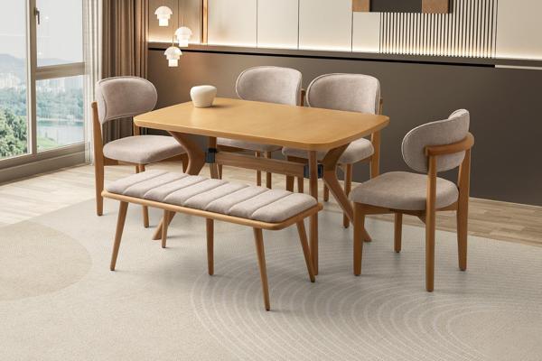 Rüya Sabit Masa Ahşap Ayak 4 Adet Ahşap Nergis Sandalye 1 Ahşap Bench - Image 1