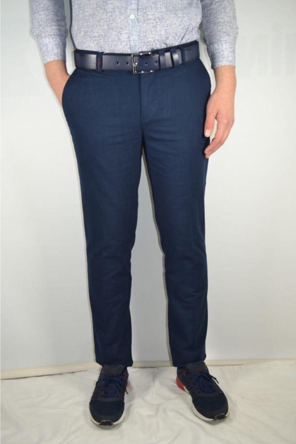 Bomonti Erkek Lacivert Yan Cebi Garnili Keten Görünümlü Pamuk Pantolon - Image 1