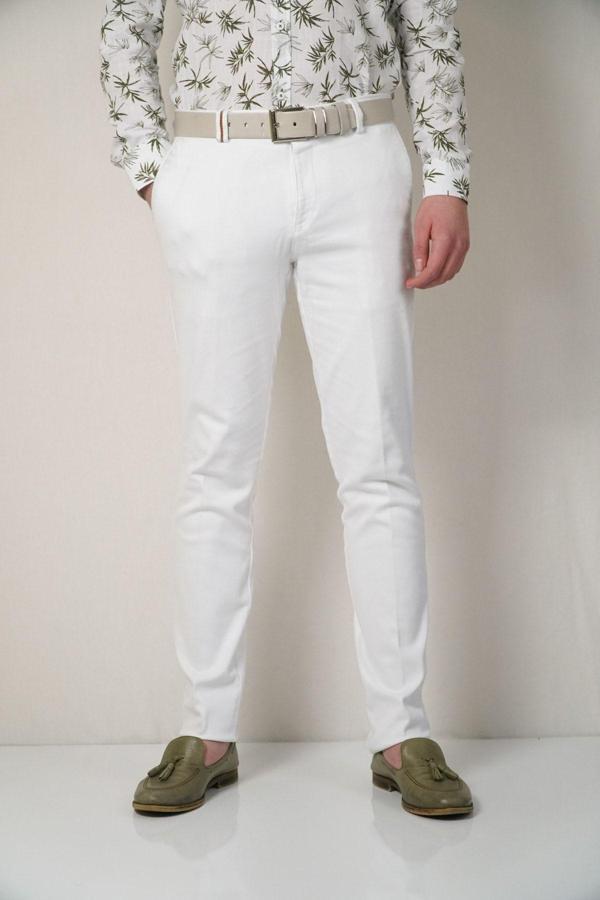 Bomonti Beyaz Battal Erkek Esnek Yancep Ince Desenli Pantolon - Image 1